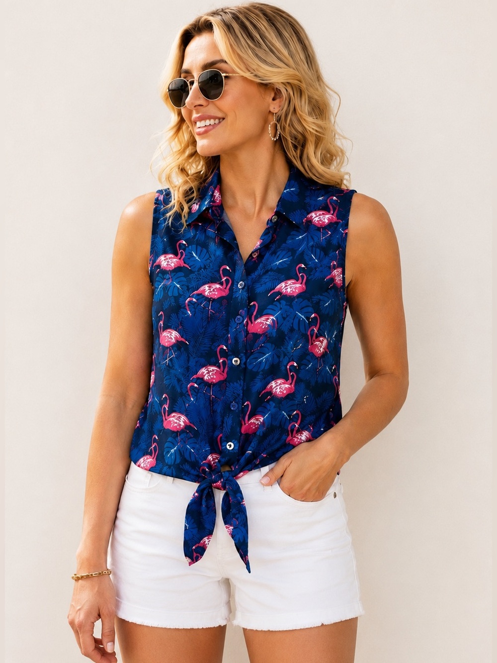 Seaspice NWT Blue Flamingo Tropical Tie Front Resort Top L